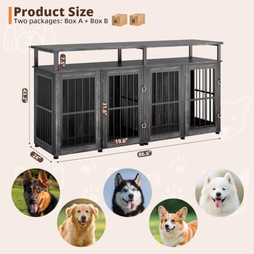 87" Double Dog Crate Furniture with Removable Divider, Grey, view 3