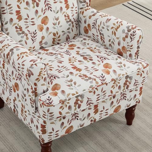 Modern Accent Chair,Comfy Upholstered Armchair with Retro Wood Legs,Floral Design Single Sofa Chair,Living Room Furniture for Apartment,Bedroom,Office,Linen Fabric,Floral Yellow