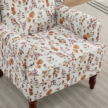 Modern Accent Chair,Comfy Upholstered Armchair with Retro Wood Legs,Floral Design Single Sofa Chair,Living Room Furniture for Apartment,Bedroom,Office,Linen Fabric,Floral Yellow