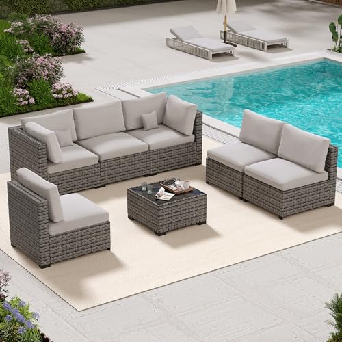 7 Piece Patio Outdoor Furniture Set, Outdoor Sectional, All-Weather Hand-Woven Wicker Patio Sectional Sofa, Rattan Outside Furniture with Grey Cushion and Glass Coffee Table