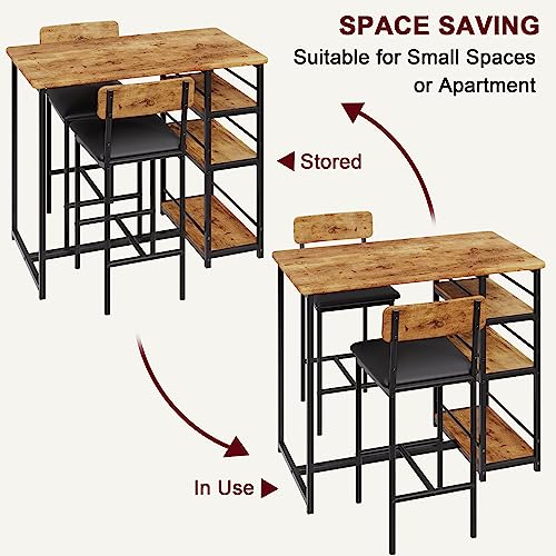 Kitchen Table Set, Dining Table and Chairs for 2 with Storage Shelf, Dining Room Table Set with 2 Upholstered Chairs, Bar Dining Table Set for Small Spaces, Apartment, Rustic Brown