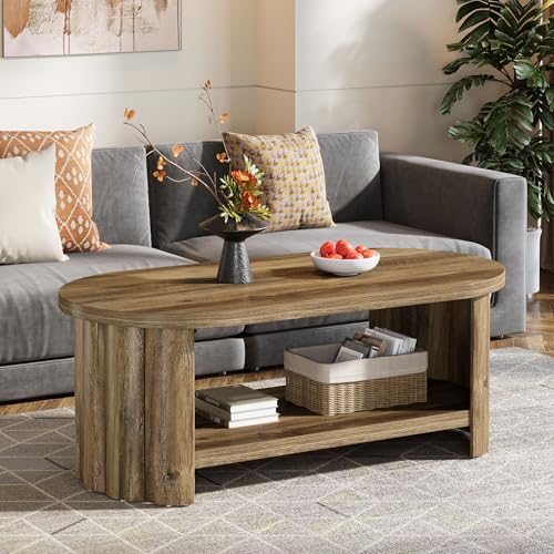 47.24" Oval Coffee Table, 2-Tier Coffee Table with Storage Shelf, Farmhouse Wooden Accent Center Tables with Dual Base for Living Room Bedroom Apartment