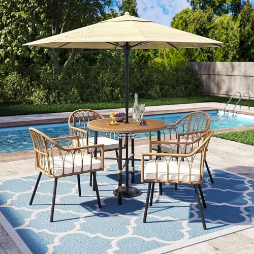 4 Pieces Rattan Wicker Dinning Chairs, Outdoor Indoor Patio Furniture Set with Cushion and Curved Back All Weather Bistro Chair for Garden Backyard Porch Poolside Restaurant (Beige)