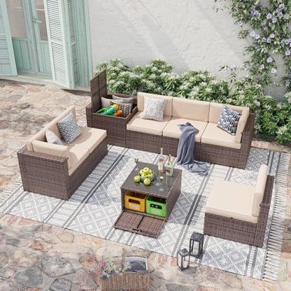 8 Piece Patio Furniture Set, Wicker Outdoor Furniture with Large Storage Table, Patio Conversation Sets with Waterproof Cover, Outdoor Sectional Sofas for Backyard Garden(Brown/Khaki)