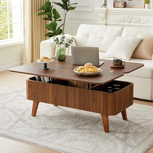 3 in 1 Lift Top Coffee Table, Fluted Convertible Coffee Tables Converts to Dining Tables, Modern Oval Wooden Center Table with Storage for Living Room Office Small Space, Partial Assembly (Walnut)