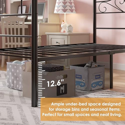 Twin Canopy Bed Frame, Heart-Shaped Headboard, Black, view 7