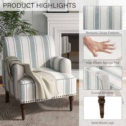 Stripe Accent Chairs Set of 2, Living Room Arm Chair Modern Nailhead Trim Club Armchair, Comfy Upholstered Sofa Lounge Seat Reading Seat Bedroom Side Seating for Home Office, Blue