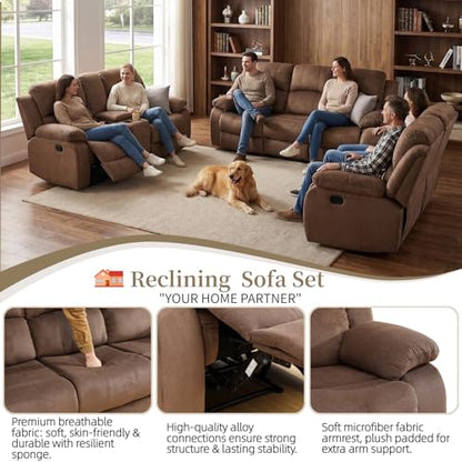 3 Piece Manual Recliner Sofa Set, Microfiber Sofa Set for Living Room
