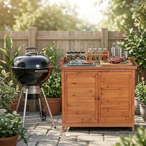 Outdoor Garden Patio Wooden Storage Cabinet Furniture Waterproof Tool Shed with Potting Benches Outdoor Work Station Table (Natural)