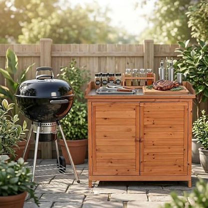 Outdoor Garden Patio Wooden Storage Cabinet Furniture Waterproof Tool Shed with Potting Benches Outdoor Work Station Table (Natural)