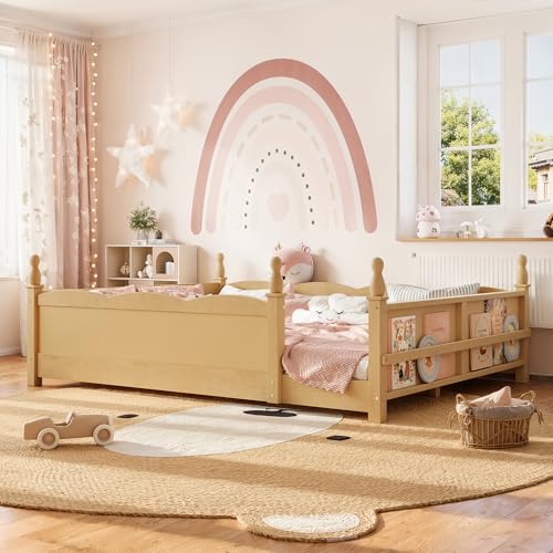 JIVOIT Queen Size Floor Bed with Accessible Door, Wood Montessori Floor Bed with Beside Book Shelf, Childlike Design, Full-Length Guardrails, No Box Spring Needed (Natural/ Queen,15)