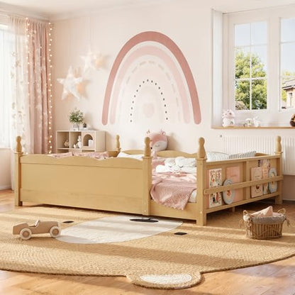 JIVOIT Queen Size Floor Bed with Accessible Door, Wood Montessori Floor Bed with Beside Book Shelf, Childlike Design, Full-Length Guardrails, No Box Spring Needed (Natural/ Queen,15)