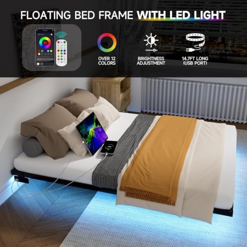 Floating Bed Frame King Size with LED Lights and Charging Station, view 5
