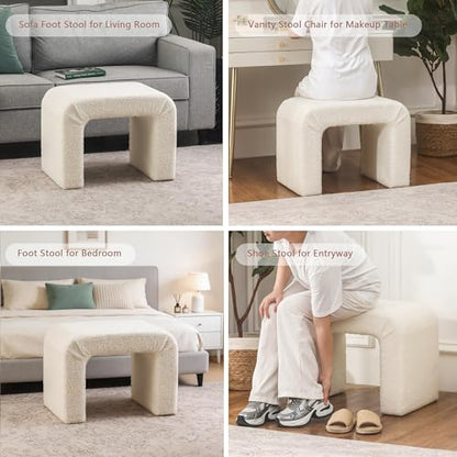 Modern Boucle Ottoman Footstool, 24" Arched Upholstered Vanity Stools for Makeup Room, Small Foot Rest for Entryway, Living Room, Bedroom (Fully Assembled)，White