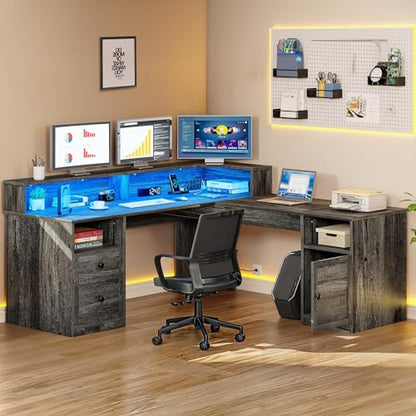 L Shaped Desk with Drawers, 60" Corner Computer Desk with Power Outlets & Lift Top, Home Office Desk with Storage Cabinet & LED Lights, Wood Desk, Height Adjustable Desk, Grey