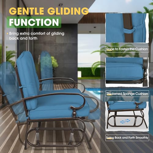 5 Pcs(6 Seats) Outdoor Metal Furniture Sets Wrought Iron Patio Conversation Sets, (Glider, 2 Single Chairs, Loveseat, and Coffee Table) with Cushion (Peacock Blue)