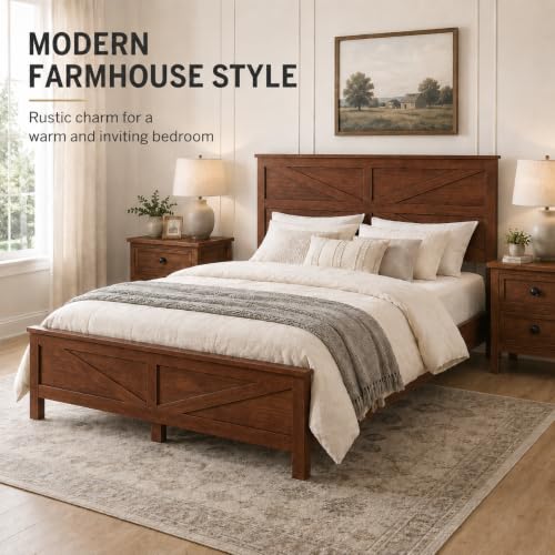 Queen Size Farmhouse Platform Bed Frame with Barn Door Headboard and Footboard, view 4