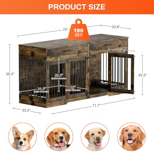 72" Double Dog Crate Furniture with Drawers and Divider, Brown, view 3