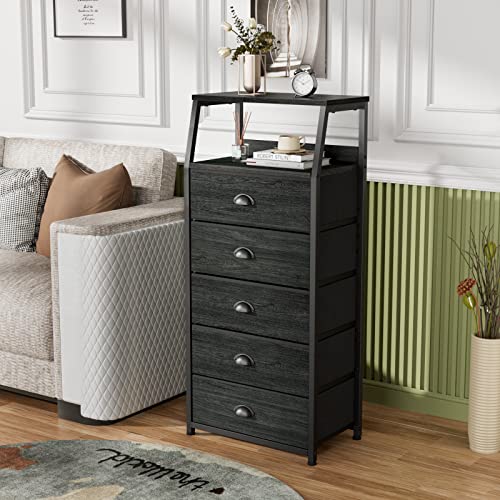 Black Dresser with 5 Drawers, Vertical Storage Tower Fabric Dresser for Bedroom, Hallway, Entryway, Nursery, Closet Organizer, Nightstand Bedside Table Furniture, Sturdy Steel Frame, Wood Top