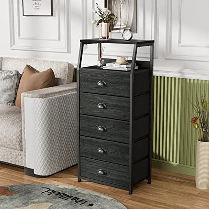 Black Dresser with 5 Drawers, Vertical Storage Tower Fabric Dresser for Bedroom, Hallway, Entryway, Nursery, Closet Organizer, Nightstand Bedside Table Furniture, Sturdy Steel Frame, Wood Top