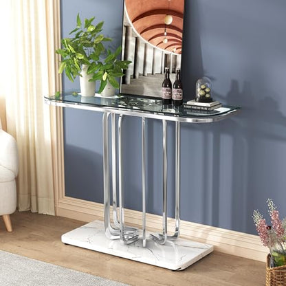 43" Modern Glass Console Table with Curved Chrome Frame & Faux Marble Base, Silver Narrow Sofa Table for Entryway, Living Room, Hallway, Home Office