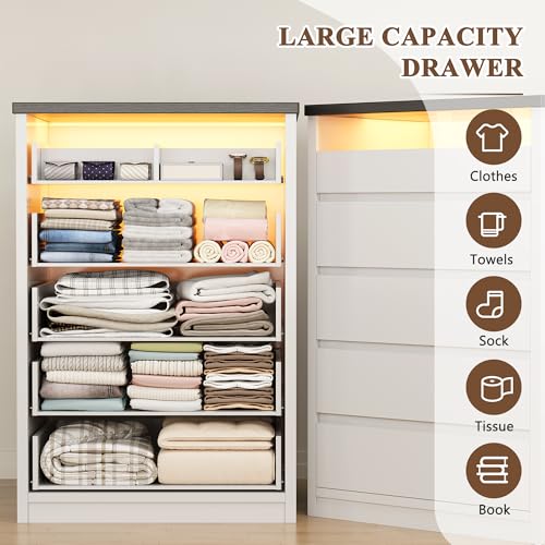 White 5 Drawer Dresser for Bedroom with LED Light & Deep Drawers, view 5