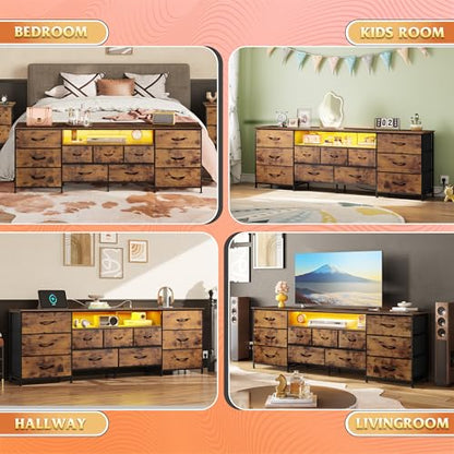 Dresser TV Stand for 85 Inch TV, 11 Drawer LED Dresser, Rustic Brown, view 5