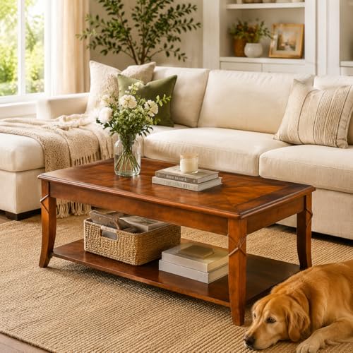 Solid Wood Coffee Table with Storage Shelf and Shimmering Tabletop, view 7