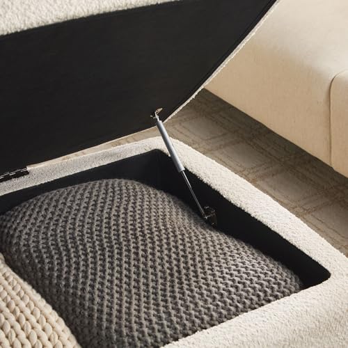 Linley Contemporary Large Storage Bouclé Ottoman with Wood Legs, Ivory