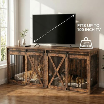 94 Inch Double Dog Crate Furniture for 2 Large Dogs, Rustic Brown, view 7