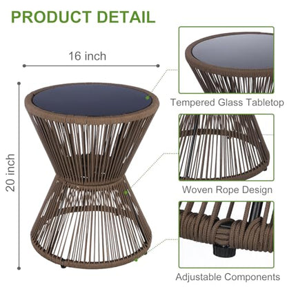 LEWIS&WAYNE Small Outdoor Side Table Patio 20’’ H Woven Rope Hourglass End Table with Glass Top Round Coffee Table for Living Room Outdoor Patio Backyard Poolside (Brown)