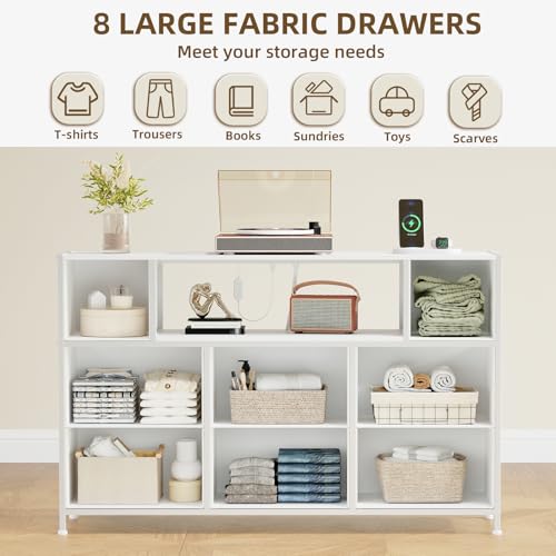 White TV Stand, Dresser for Bedroom for 55 inch TV with Charging Station and LED Lights, Media Console Table with 8 Drawers, Open Shelf, Adjustable Feet,Living Room Furniture