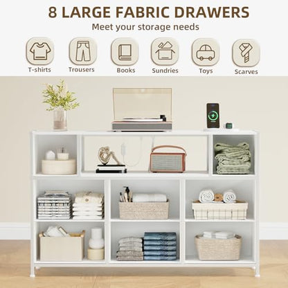 White TV Stand, Dresser for Bedroom for 55 inch TV with Charging Station and LED Lights, Media Console Table with 8 Drawers, Open Shelf, Adjustable Feet,Living Room Furniture