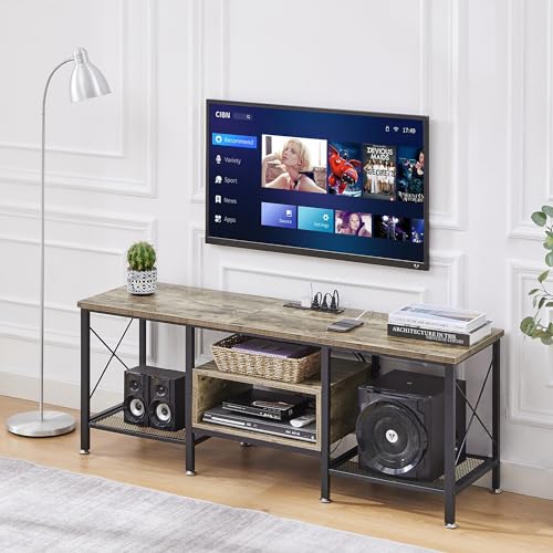 TV Stand with Power Outlets for 65 Inch Industria Media Entertainment Center with Charging Station, 3-Tier Open Shelves & Metal Frame for Living Room, Bedroom, 55 Inch, Grey
