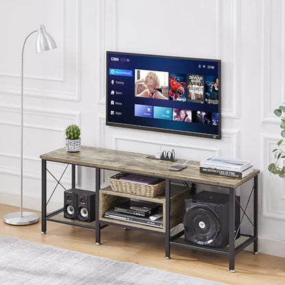 TV Stand with Power Outlets for 65 Inch Industria Media Entertainment Center with Charging Station, 3-Tier Open Shelves & Metal Frame for Living Room, Bedroom, 55 Inch, Grey