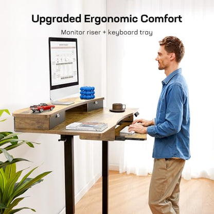48" x 26" Electric Standing Desk with 2 Drawers & 26.7" Large Keyboard Tray, C-Clamp Mount Compatible, Adjustable Computer Desk for Home Office, Stand Up Desk with 4 Height Presets, Vintage
