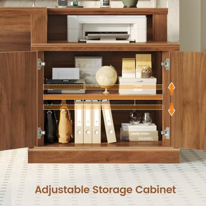 70.9" Executive Desk, Fluted Office Desk with Drawers, Brown, view 6