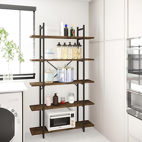 5 Tiers Bookshelf Organizer Industrial Shelf,Modern Open Display Storage Bookcase,Rustic Brown and Metal Bookshelf Standing Storage Shelf Tall Shelving Units for Home Office Study.