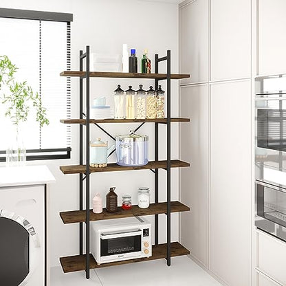 5 Tiers Bookshelf Organizer Industrial Shelf,Modern Open Display Storage Bookcase,Rustic Brown and Metal Bookshelf Standing Storage Shelf Tall Shelving Units for Home Office Study.