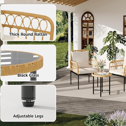 3-Piece All-Weather Wicker Rattan Bistro Patio Furniture Set with Glass Table and Thick Cushions, Beige - Ideal for Balcony, Garden, Backyard, and Poolside Conversation
