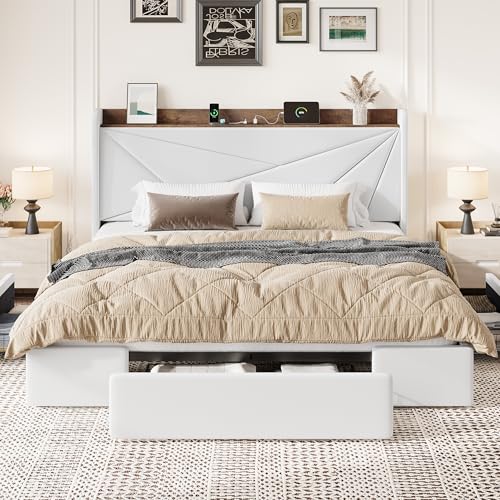 King Bed Frame, Storage Headboard with Drawers, Charging, White, view 4