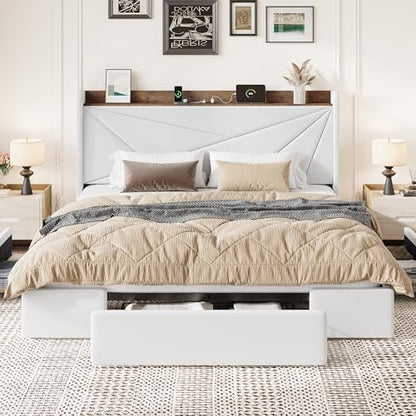 King Bed Frame, Storage Headboard with Drawers, Charging, White, view 4
