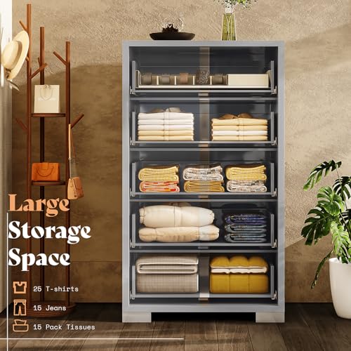 5 Drawer Dresser with Glossy Finish, Modern Storage Chest, Grey, view 4