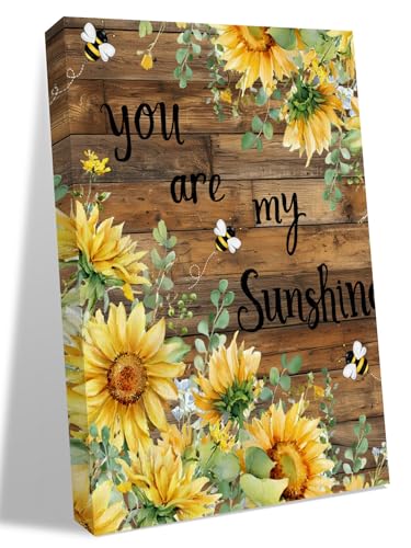 NuYeBiofx Farm Sunflower Bee Eucalyptus Canvas Wall Art Prints,48"x32" Framed Picture Artwork Retro Wooden Plank Printed Canvas Oil Painting for Living Room Bedroom Office,Ready to Hang
