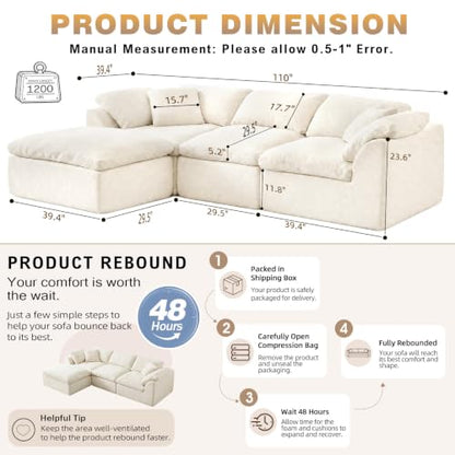 110" Boneless Cloud Couch Sectional for Living Room, Oversized Modular L Shaped Sofa with Ottoman, Deep Seat Chenille Sectional Couch for Cloud-Like Comfort (Beige)