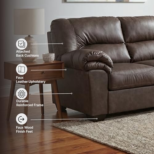 Signature Design by Ashley Whitlock Sofa, 87" W Faux Leather Couch, Anti-Sag Support, Couches for Living Room, Umber Brown, No Assembly Required