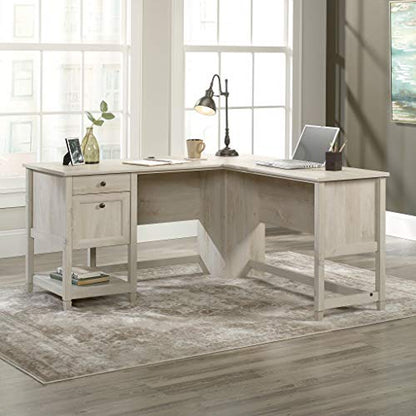Edge Water L-Shaped Corner Desk with Storage Drawers and Open Shelf, in Chalked Chestnut