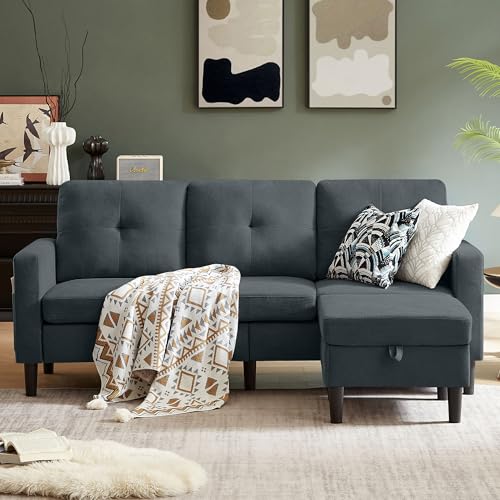 80" Convertible Sectional Sofa Couch with Movable Ottoman, 3 Seats Sectional Sofas L Shaped Couch for Small Spaces, Soft Fabric Couch for Living Room (Dark Grey)