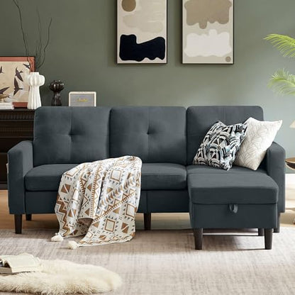 80" Convertible Sectional Sofa Couch with Movable Ottoman, 3 Seats Sectional Sofas L Shaped Couch for Small Spaces, Soft Fabric Couch for Living Room (Dark Grey)
