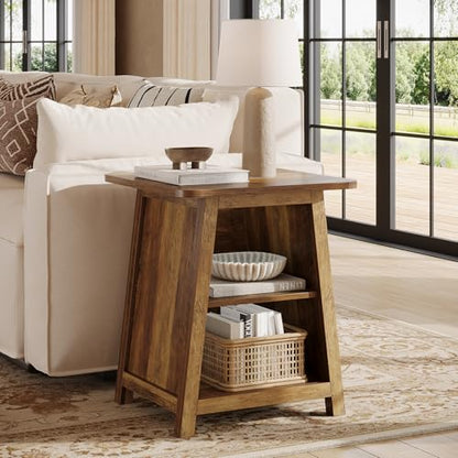 Tribesigns 3-Tier Rustic Farmhouse Wooden End Table with Open Storage Shelves, Trapezoid Angled Leg Side Table for Living Room, Small Space Friendly Sofa Side Table